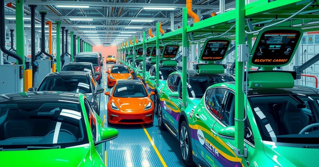 A vibrant electric vehicle factory in Brazil showcasing modern assembly lines and electric cars ready for shipment.