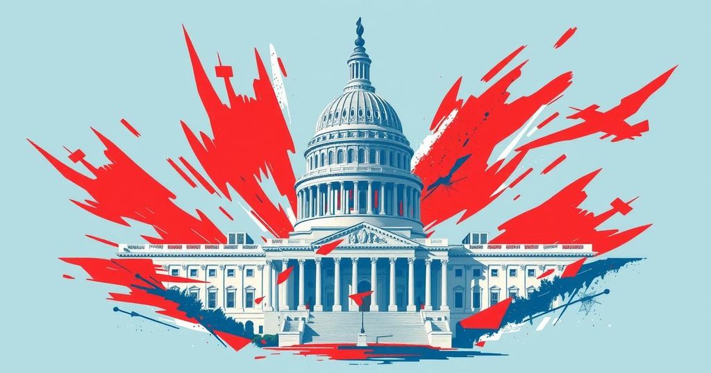 A stylized depiction of the U.S. Capitol building with an abstract representation of military action and political discourse.