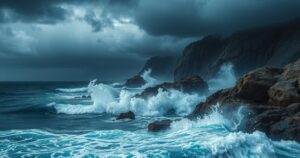 Dark storm clouds over a turbulent ocean shore with crashing waves, depicting intense weather and coastal impact.