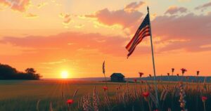 Countryside sunset scene symbolizing freedom and justice with warm hues and subtle brush strokes.