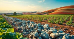 A landscape featuring crushed rocks on farmland, emphasizing sustainable agriculture and climate action.
