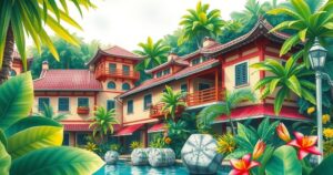 A vibrant tropical landscape with lush greenery, featuring traditional Japanese architecture and colorful flowers.