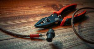 A cable cutter and cut electric cables on a wooden surface with a soft light background.