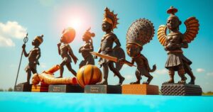 A vibrant depiction of the Nigeria Benin Bronzes under a sunny sky, symbolizing heat and culture.