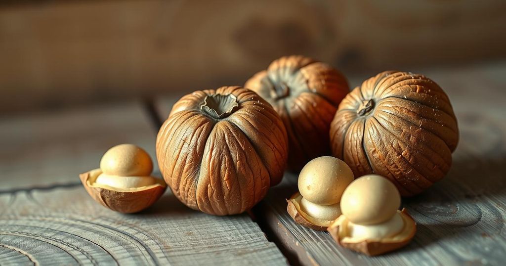 A group of three dark-colored kola nuts on a wooden table with soft lighting, showcasing their textured surface.