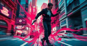 A cinematic scene from an action-thriller with dynamic movement, vibrant colors, and a dramatic cityscape backdrop.