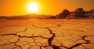 Desert landscape with scorched earth and bright sun, showcasing extreme heat in Moroccan cities during summer.