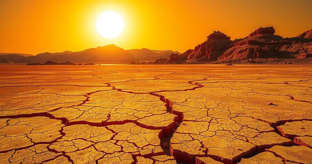 Desert landscape with scorched earth and bright sun, showcasing extreme heat in Moroccan cities during summer.