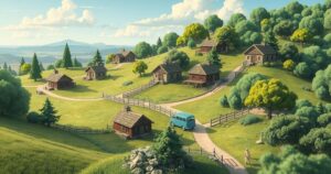 Landscape of a new settlement area with houses and greenery, symbolizing hope and community rebuilding.