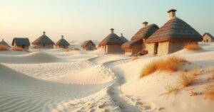 A serene sandpit in a quiet village under a blue sky with scattered clouds, depicting a peaceful landscape.