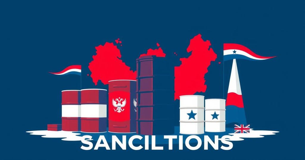 UK sanctions against Russia highlighted by oil caps and military action symbols in a bold, strategic design.