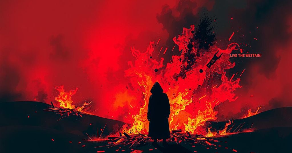 A dark, abstract illustration of a charred landscape with flickering flames and a shadowy silhouette, evoking mystery.