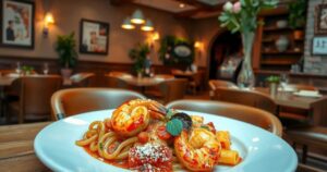 A cozy Italian restaurant interior with warm colors and rustic decor, featuring pasta dishes on a wooden table.