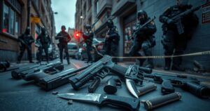 Police operation scene with arrested suspects and their weapons in an urban environment.
