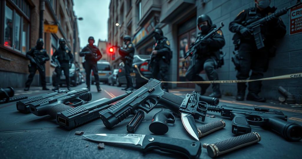 Police operation scene with arrested suspects and their weapons in an urban environment.