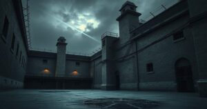 A prison courtyard with a focus on barbed wire and a gloomy atmosphere, reflecting tension and danger.