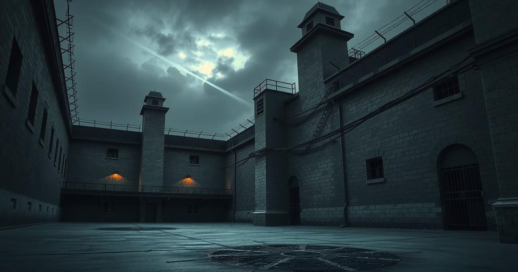 A prison courtyard with a focus on barbed wire and a gloomy atmosphere, reflecting tension and danger.
