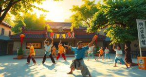 Vibrant martial arts club in Benin showcasing kung fu and tai chi amidst cultural exchange with Chinese traditions.
