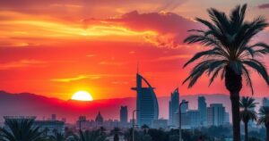 A scenic view of a UAE skyline under a colorful sunset, symbolizing tourism and travel.