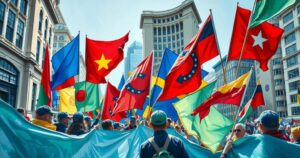 A vibrant streetscape during a protest, featuring colorful banners and a dynamic atmosphere during a rally.