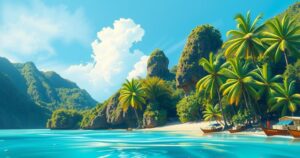 Lush tropical landscape in Thailand with vibrant greenery and clear blue skies, evoking a warm vacation vibe.