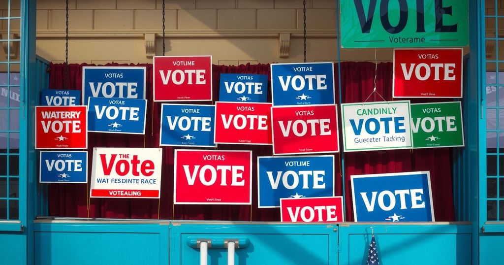 Voting booth with colorful campaign signs for New Jersey gubernatorial candidates in an election atmosphere.