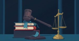 Dark courtroom scene with a gavel, legal books, and symbolic scales of justice in muted colors.