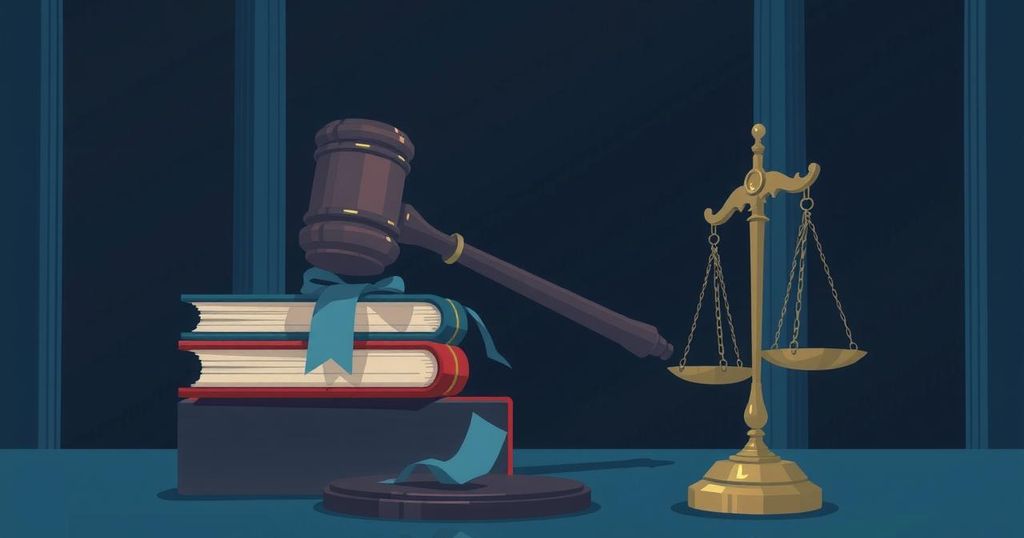 Dark courtroom scene with a gavel, legal books, and symbolic scales of justice in muted colors.