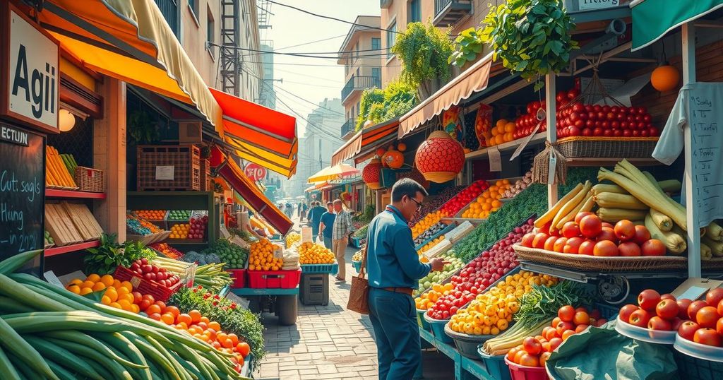 A scene of street vendors in a market with colorful vegetables being displayed, highlighting their critical role in the economy.