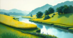 A serene landscape depicting nature, focusing on green fields and a peaceful river, symbolizing healing and hope.