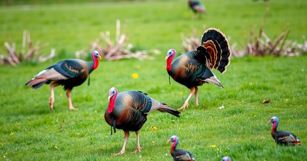 A serene landscape featuring wild turkeys in a lush, green setting during spring, showcasing natural wildlife beauty.