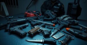 Police apprehend two suspects with weapons in an investigation scene.