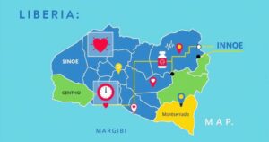 Map of Liberia highlighting counties with new cases, featuring health awareness symbols and vaccine distribution graphics.