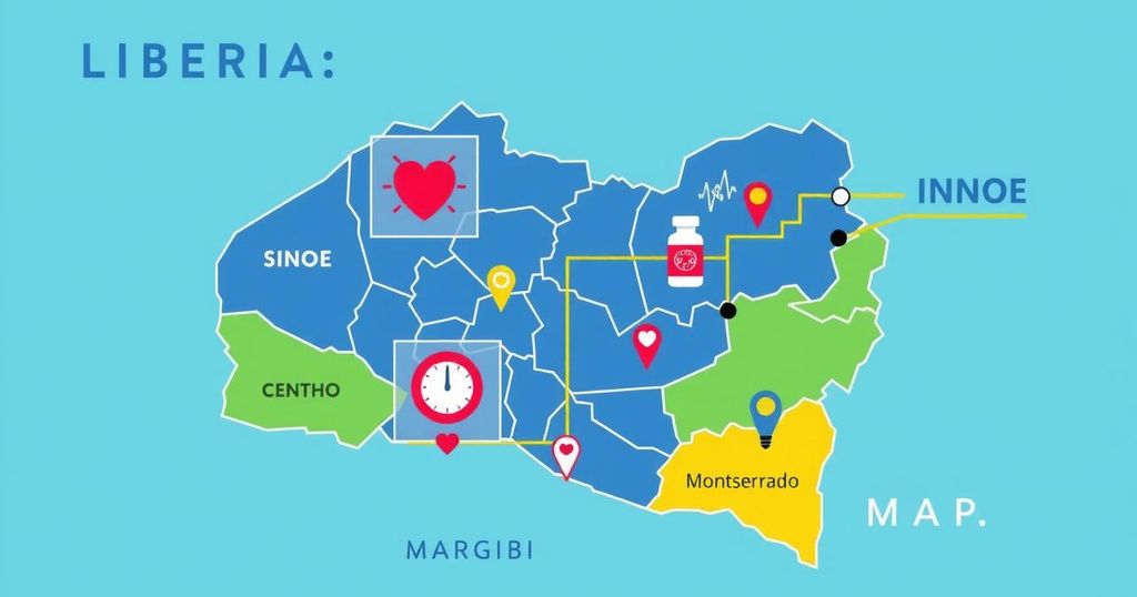 Map of Liberia highlighting counties with new cases, featuring health awareness symbols and vaccine distribution graphics.