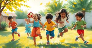 Children playing joyfully in a warm, colorful outdoor scene, representing community and hope.