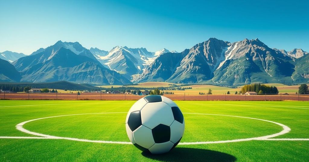 A vibrant soccer scene featuring a ball on a green field with mountains in the background, showcasing the spirit of competition.