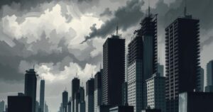Dark clouds loom over a devastated cityscape, with tall buildings partially destroyed, reflecting a somber atmosphere.