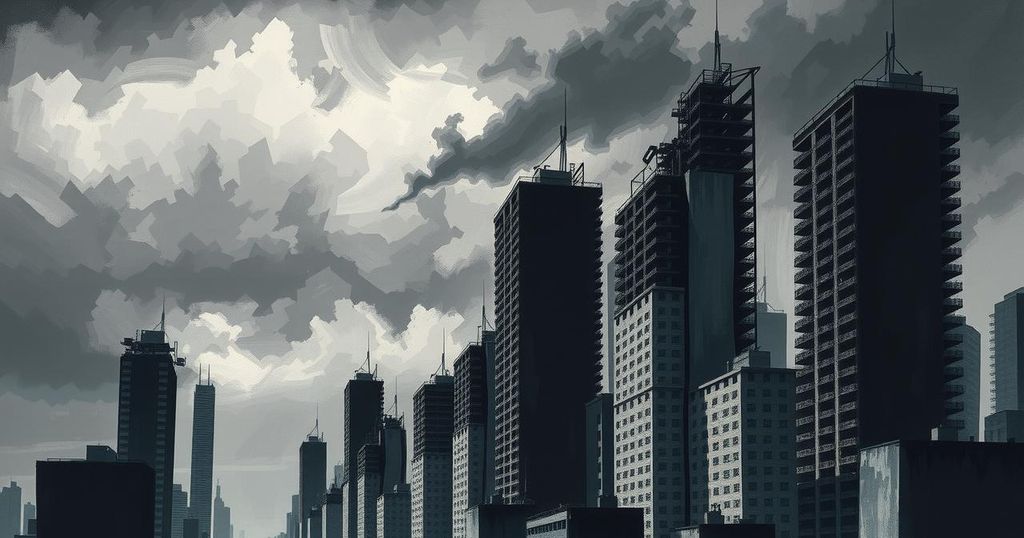 Dark clouds loom over a devastated cityscape, with tall buildings partially destroyed, reflecting a somber atmosphere.