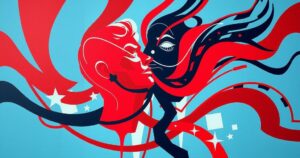 A colorful abstract representation of political tensions and discussions about election dates in Bangladesh using vibrant hues.