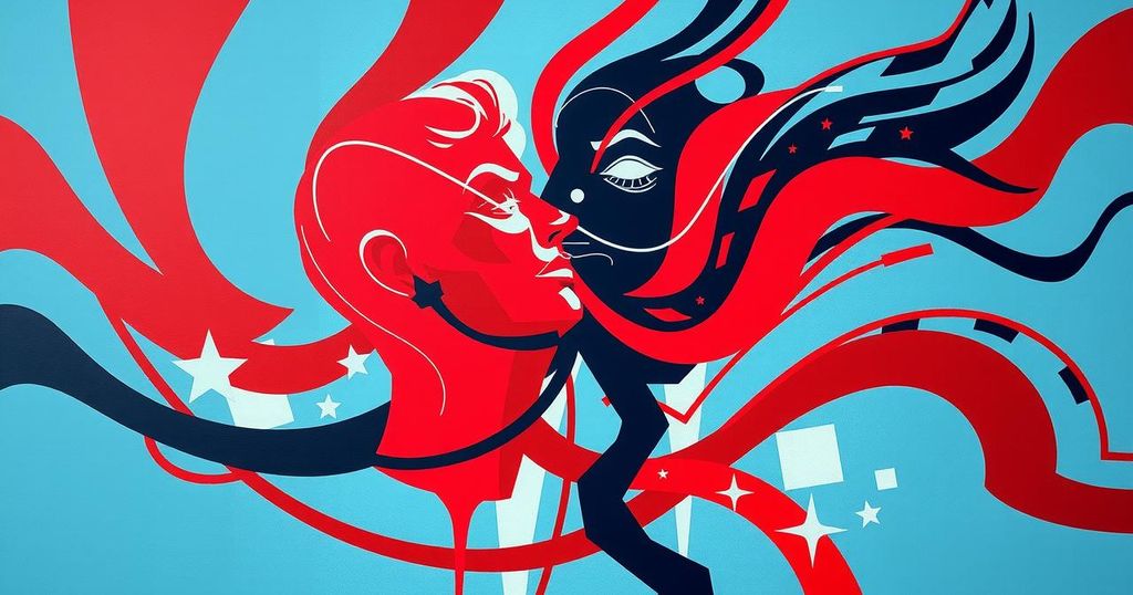 A colorful abstract representation of political tensions and discussions about election dates in Bangladesh using vibrant hues.