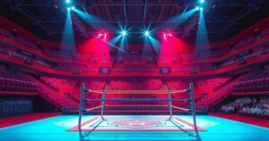 WWE SmackDown scene with dramatic lighting and wrestling rings in Saudi Arabia, capturing excitement before a match.
