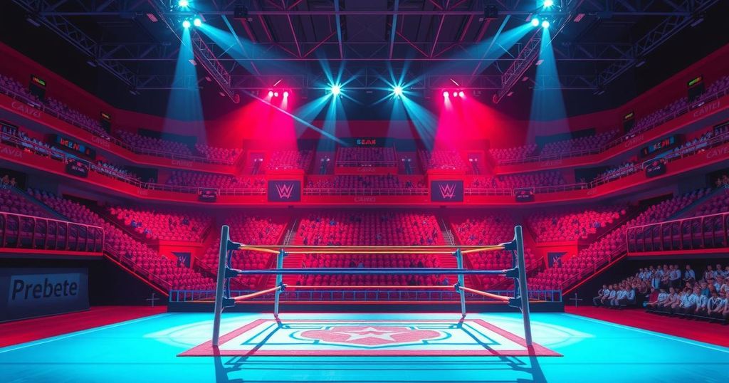 WWE SmackDown scene with dramatic lighting and wrestling rings in Saudi Arabia, capturing excitement before a match.