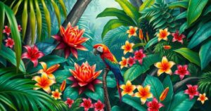Lush forest scene symbolizing parrot conservation efforts, filled with vibrant greens and colorful plant life.