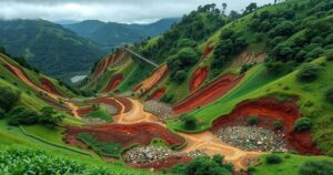 A landscape of a lush mountainous area in Colombia affected by landslides, showcasing mud and debris with green hills.