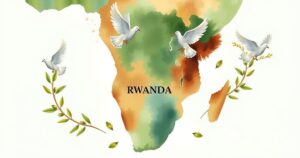 Map showing peace treaty between Congo and Rwanda with symbols of unity and harmony.