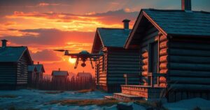 Ukrainian drones rising from wooden houses, set against a backdrop of military airfields in a vibrant sunset.