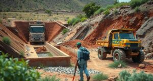 A police operation scene with equipment and mined land in South Africa, showcasing the environmental impact of illegal mining.