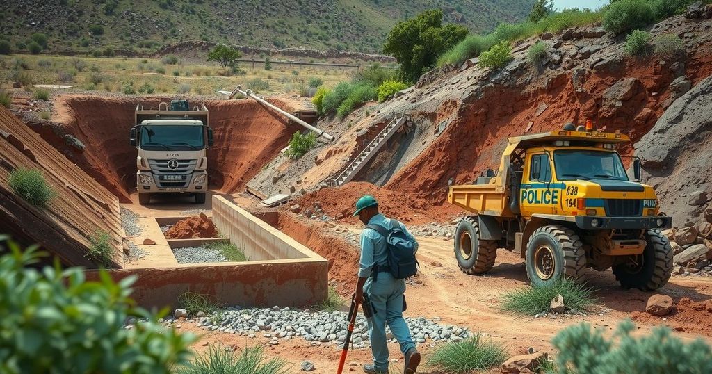 A police operation scene with equipment and mined land in South Africa, showcasing the environmental impact of illegal mining.