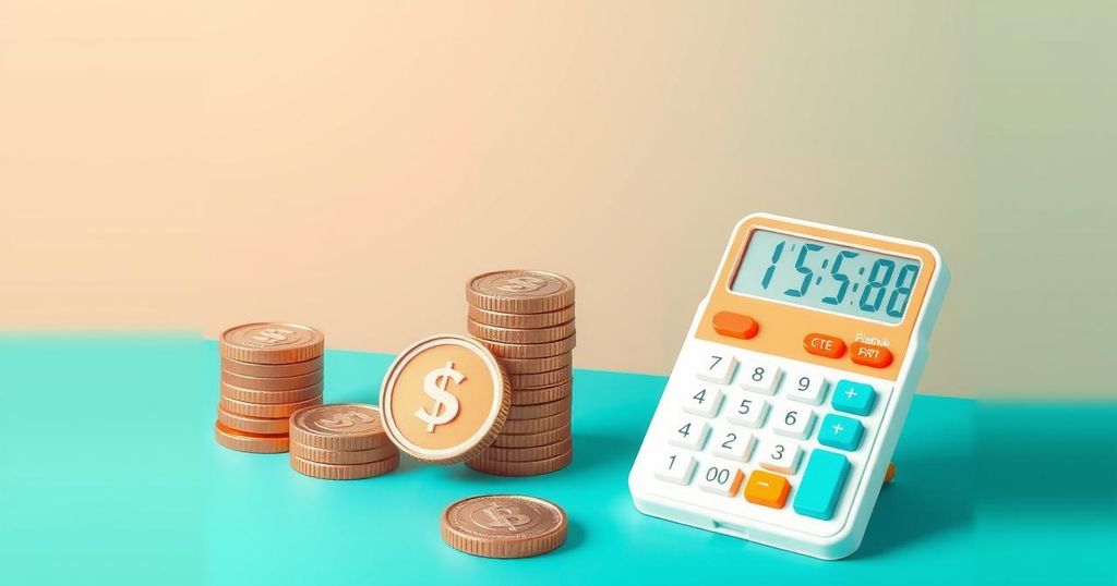 Illustration of a flexible payment concept for healthcare, featuring symbolic coins and a calculator on a vibrant background.