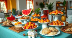Colorful buffet breakfast spread with local dishes, fruits, and pastries at a hotel in Tunisia.